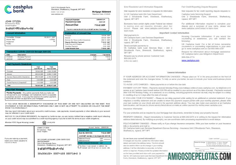 Extrato de hipoteca do Cashplus Bank do Reino Unido em formatos Word e PDF amostra